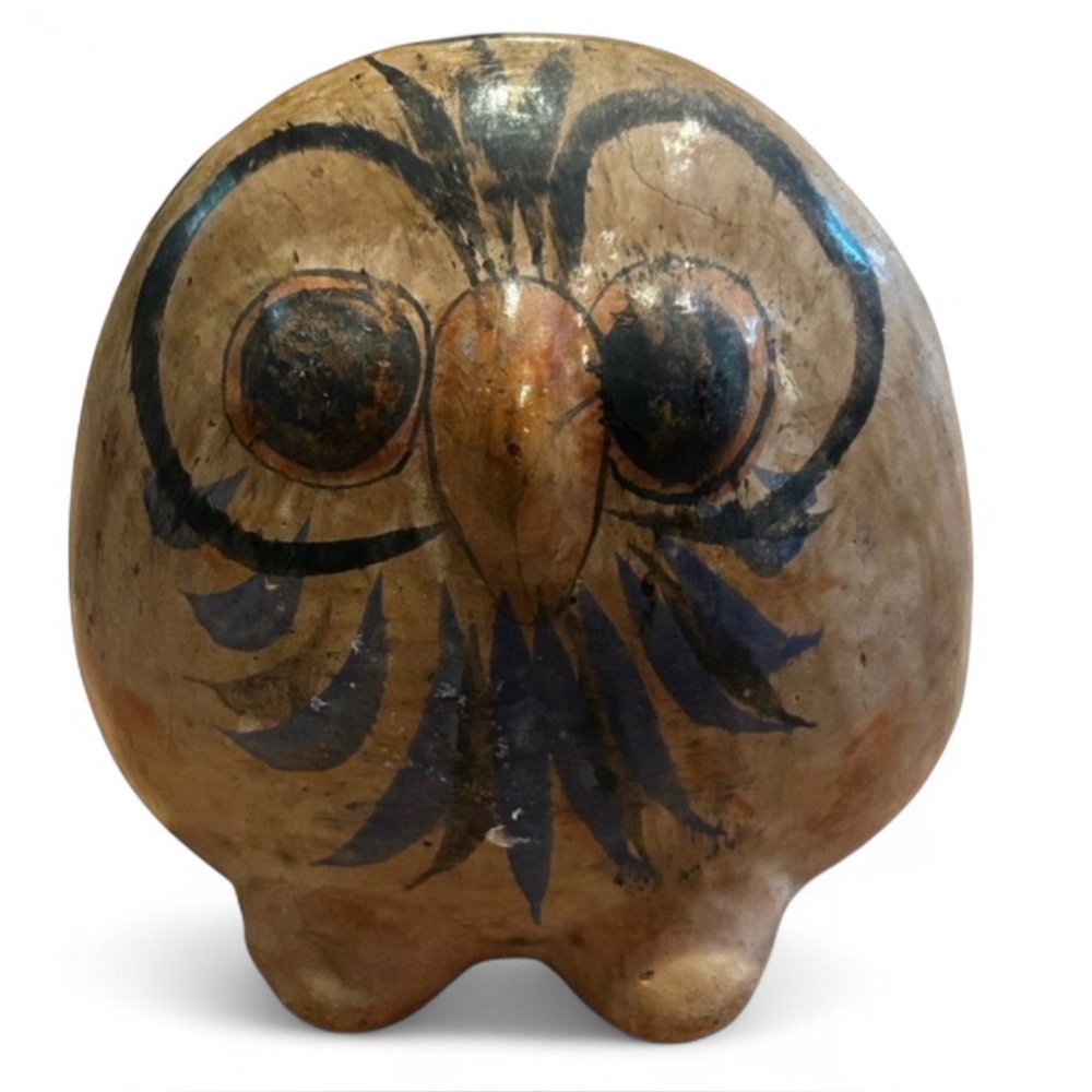 Vintage MCM Hand Painted Folk Art Pottery Owl Figure, Collectible Bird Figurine